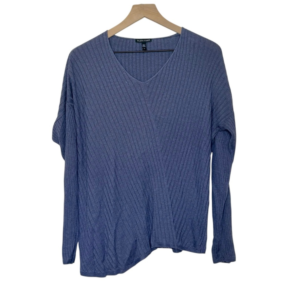 Eileen Fisher Ribbed Silk Blend Asymmetrical V-Neck Pullover Sweater Size Small